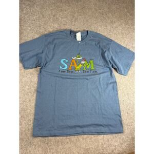 Vintage 90s Dr Seuss Green Eggs & Ham Sam I Am T Shirt Mens Large Blue Cotton